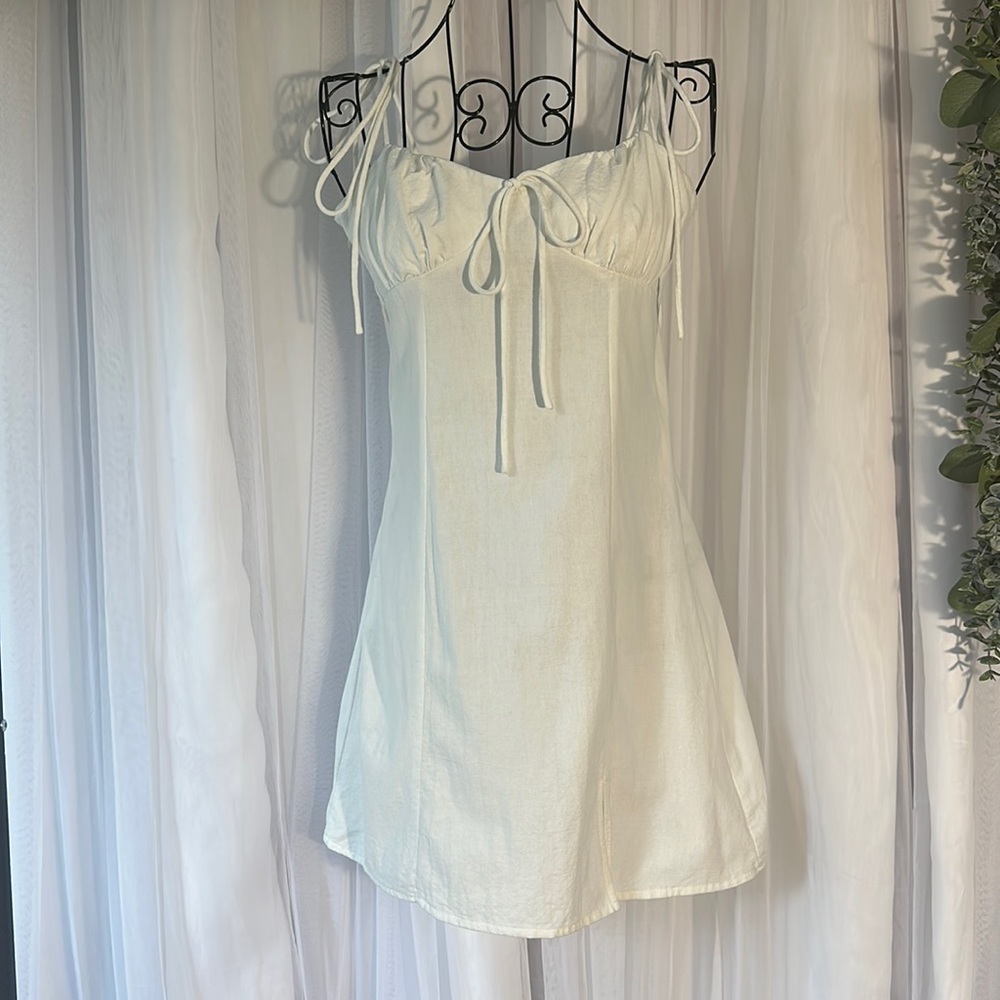 White Cotton Mini Dress w Tie Shoulders